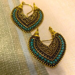 Gold and Aqua  Ornate Earrings with Intricate Filigree Design